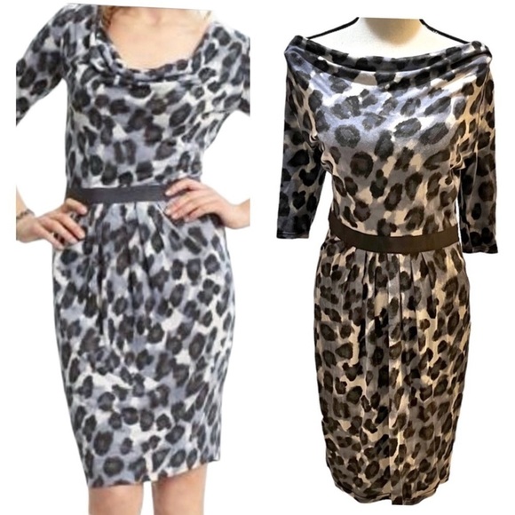 Banana Republic Gray Leopard Print 3/4 Sleeves Bateau Neck Dress Sz 6 - Picture 1 of 11